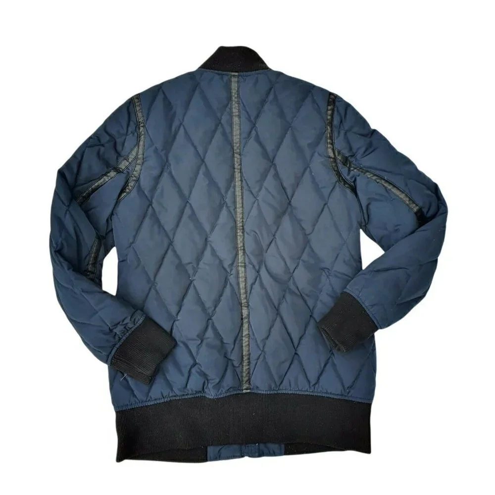 Michael Kors Navy‎ Blue Faux Leather Trim Down Filled Full Zip Puffer Jacket S